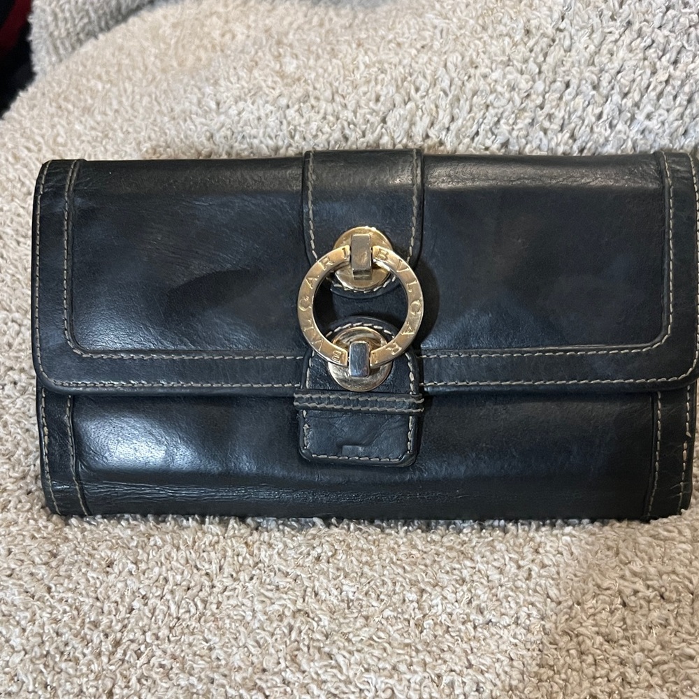 BVLGARI Black Leather Continental Wallet – Logo Ring Hardware